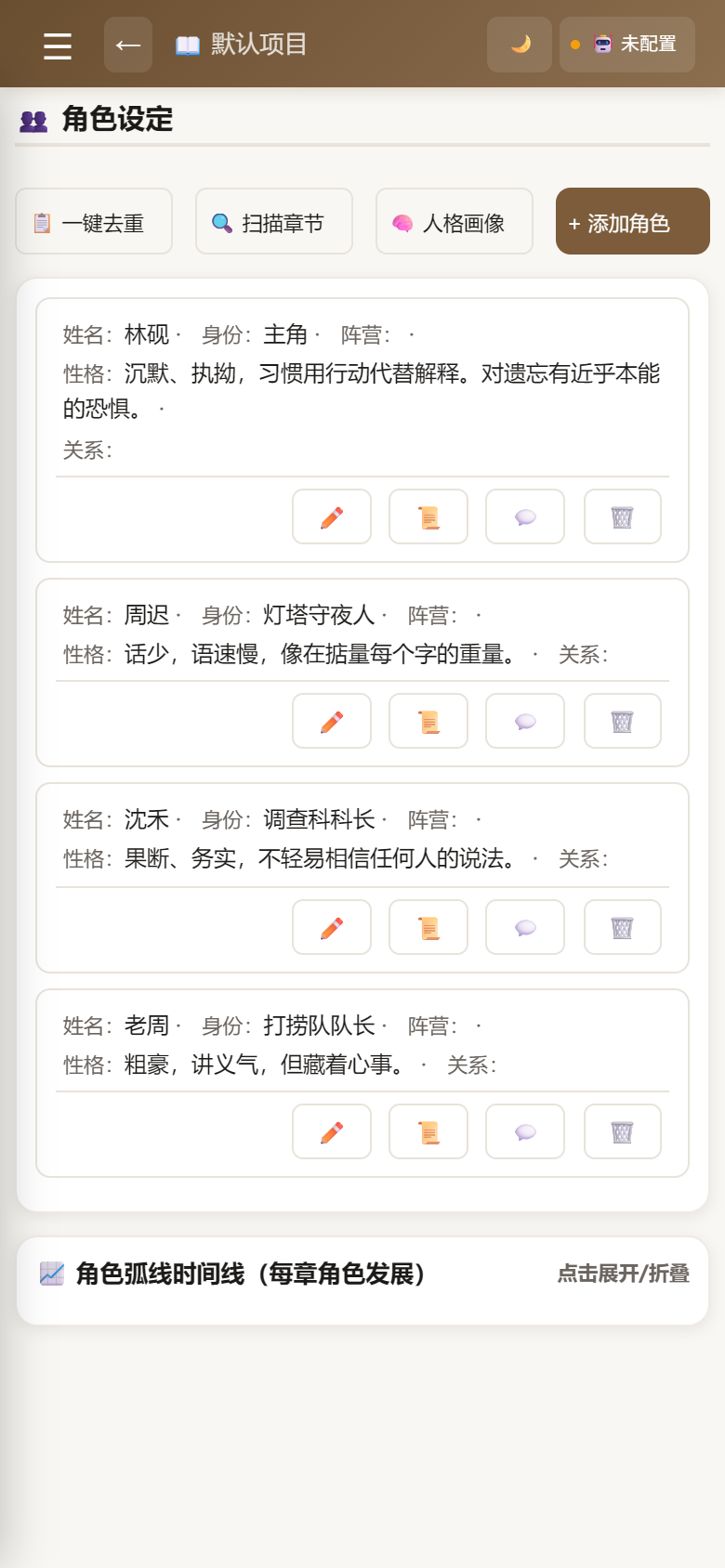 小说创作工坊人物设定界面,显示角色档案包括性格、外貌与背景