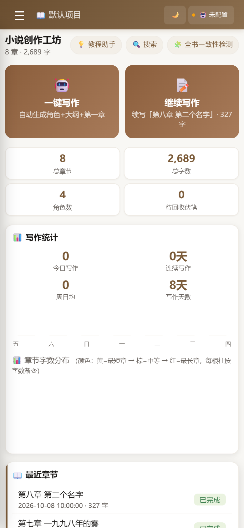 小说创作工坊工作台概览,显示项目状态与快捷入口